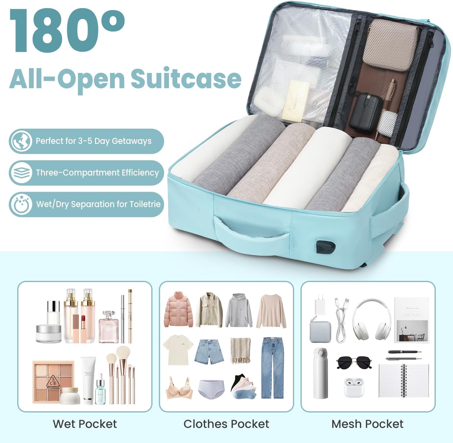 35L Travel Backpack | 180° All-Open Design | Multi-Pockets | Airline Approved Carry on |15.6 inch Laptop Compartment | USB Port |Perfect for Travel Business College Bookbags | For Men Women , Mint