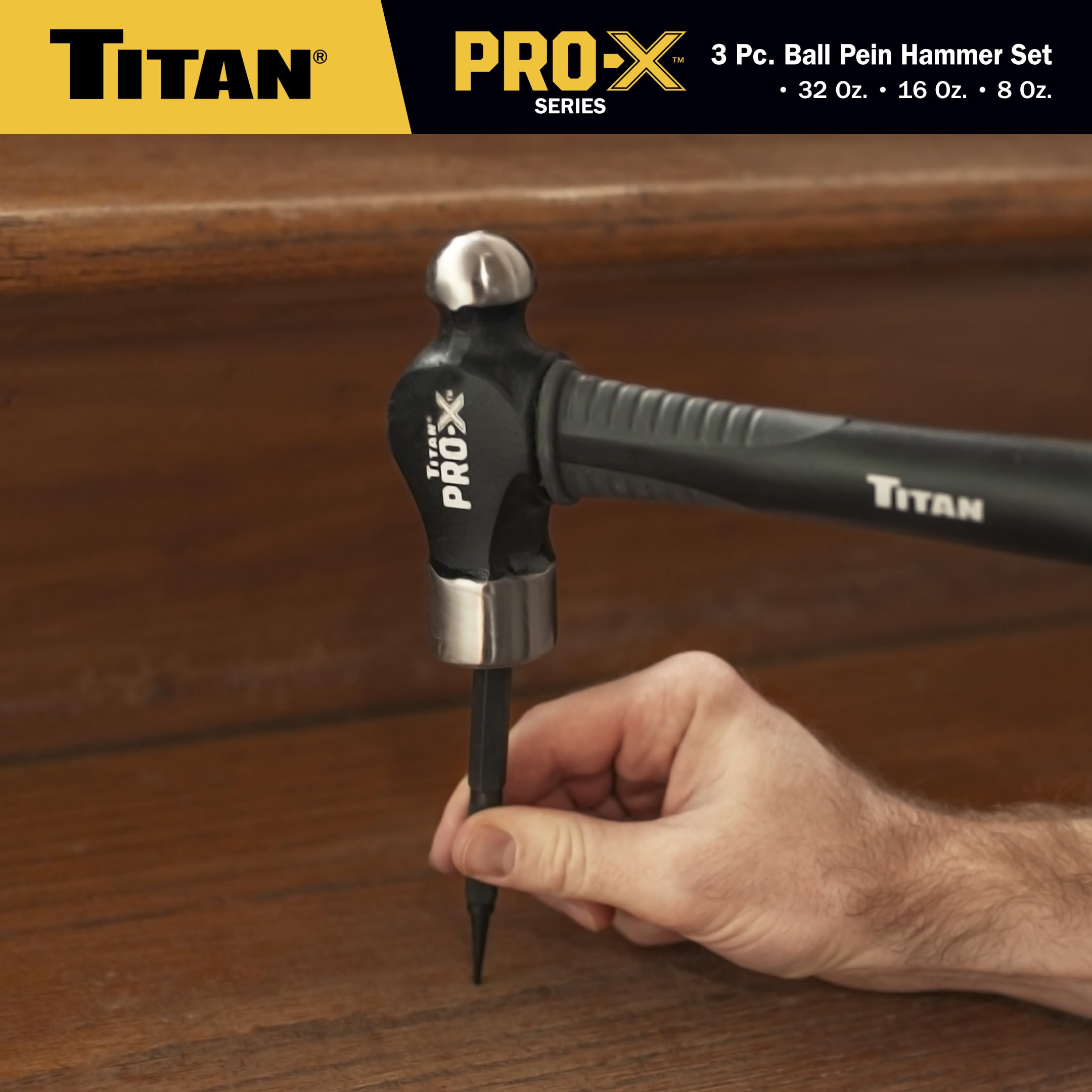 Titan Pro-X 63706 - Juego de martillos de bola de 3 piezas, incluye pluma de bola de 8 onzas, 16 onzas y 32 onzas, protección contra sobregolpes, cabezales de acero forjado, asas de fibra de vidrio