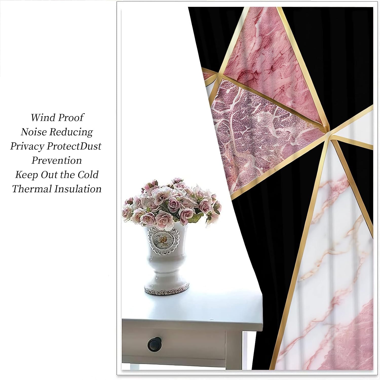 Pink Rose Gold Marble Texture Blackout Curtains, Luxurious Black Gold Geometric Lines Window Curtains, 3D Printed Noise Reducing Grommet Drapes for Living Room Bedroom Office 84" W x 84" L