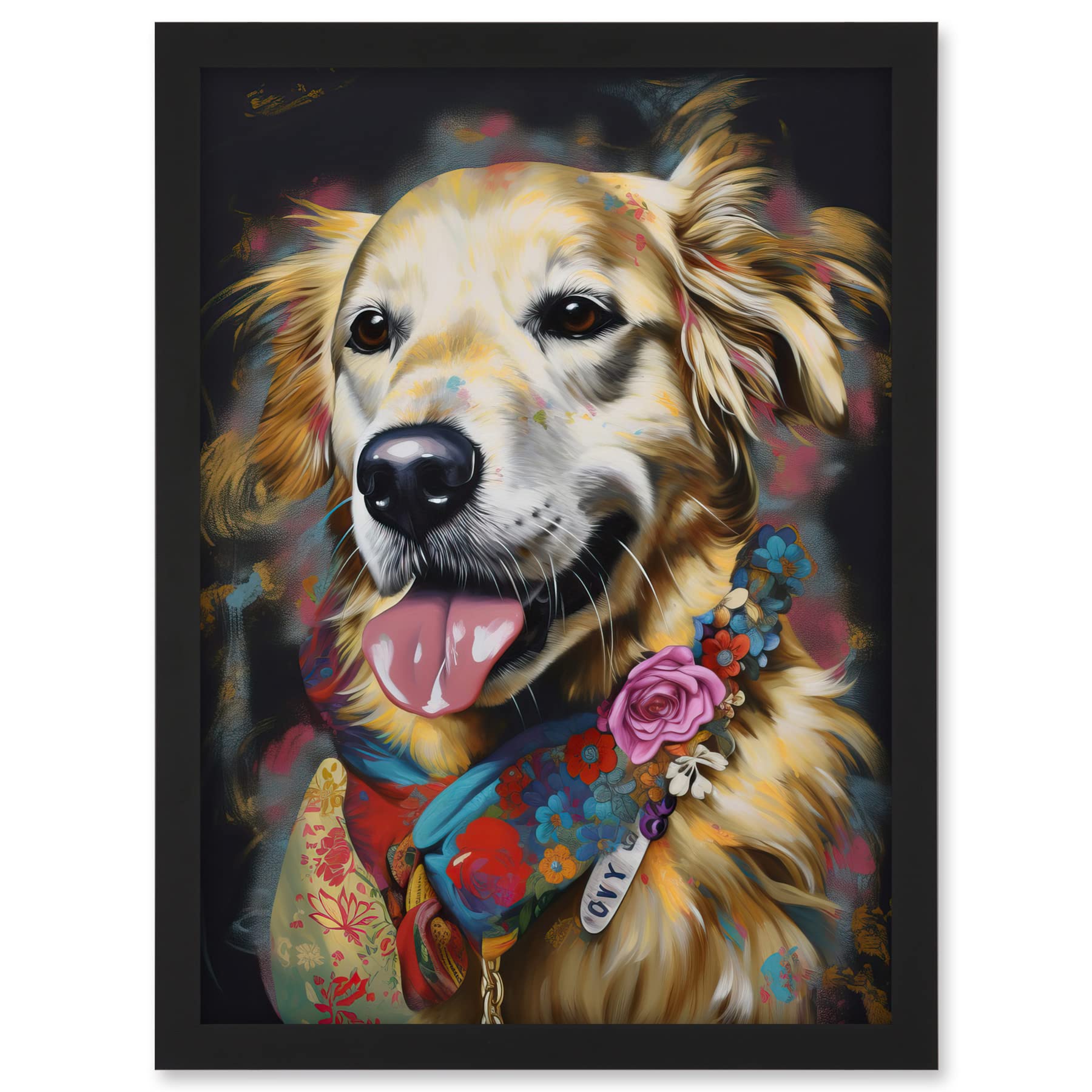 Artery8 Golden Retriever Dog with Floral Bandana Collar Artwork Framed A3 Wall Art Print