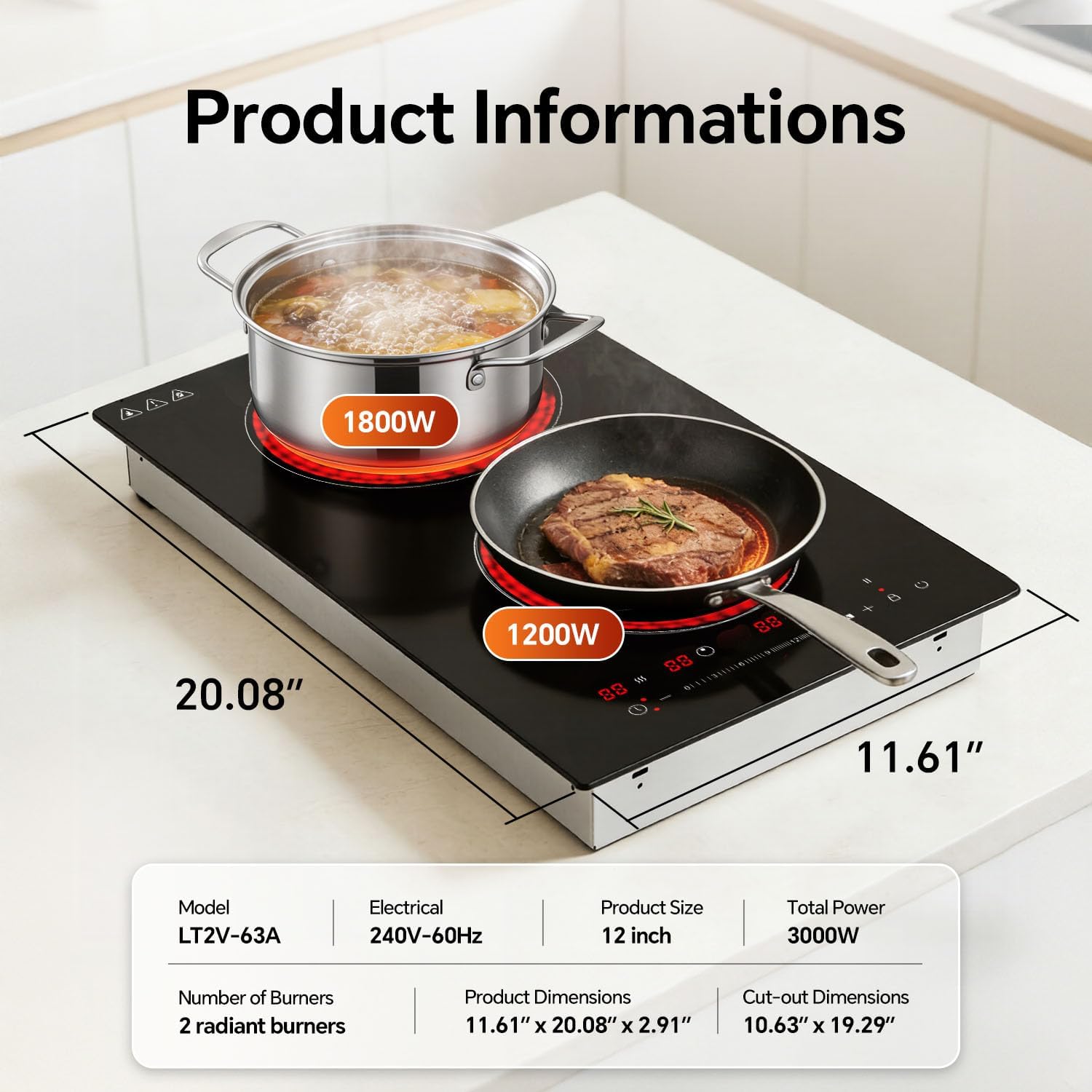 12 Inch Built-in Electric Ceramic Cooktop 3000W 240V Double Burner, ETL Certified Electric Stove with Touch Control, LED Display, 16 Power Levels, Timer, Glass Cooktop for All Cookware