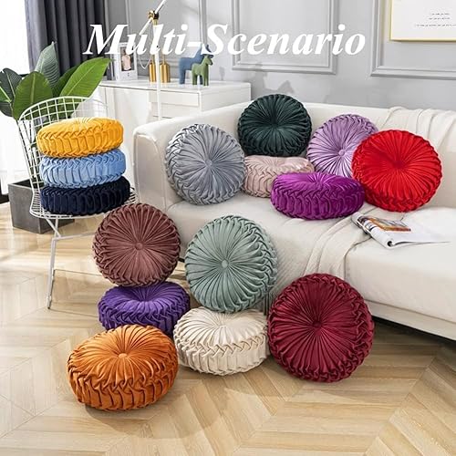 Miniatura 5 de ZHUANXUA Cojín redondo de terciopelo para asiento, almohada plisada de calabaza de 15 x 15 pulgadas, suave decorativo para el hogar para cama, sofá,