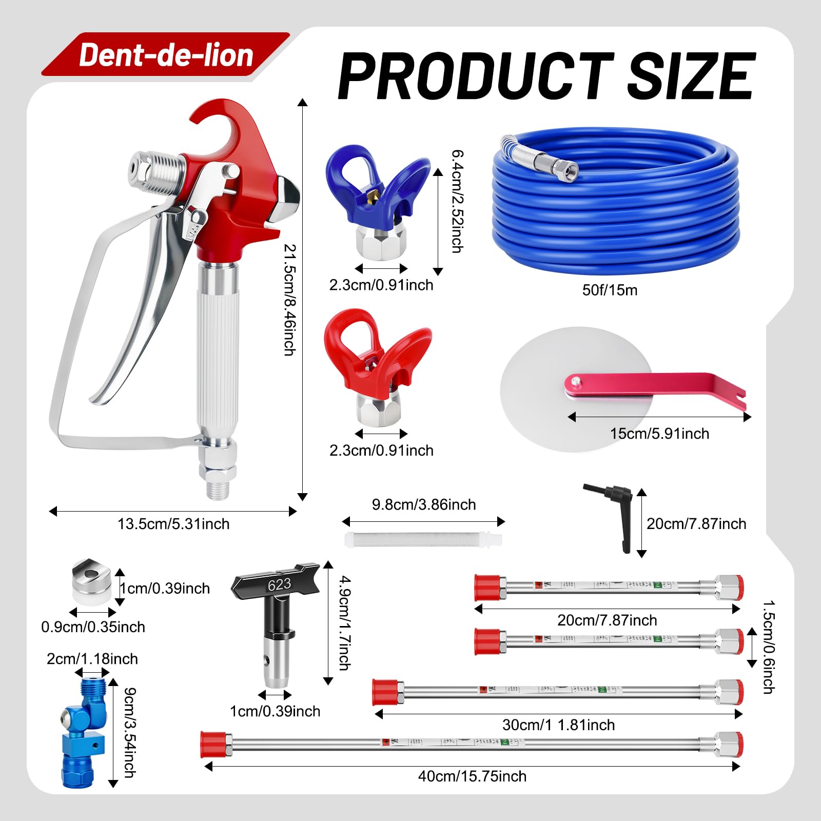Kit de Peinture airless, 22 pièces, avec 6 Buses réversibles, 6 filtres, 4 Tige d'extension, Tuyau Haute Pression et Accessoires de Protection (211 313 415 515 517 623