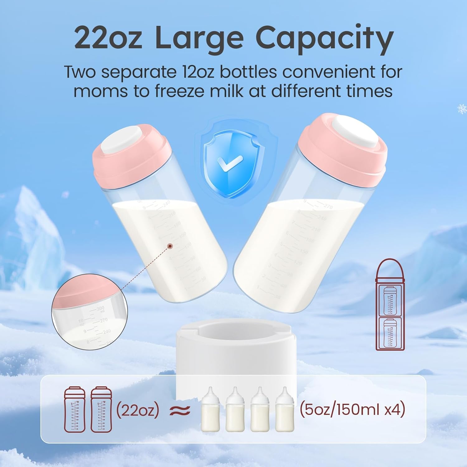Portable Breast Milk Cooler for Travel, 22oz Large Capacity Breastmilk Chiller for Working Moms, 360° Cooling Keeps Milk Chilled 24 Hours, Includes 2 Baby Bottles, Breastfeeding Essentials