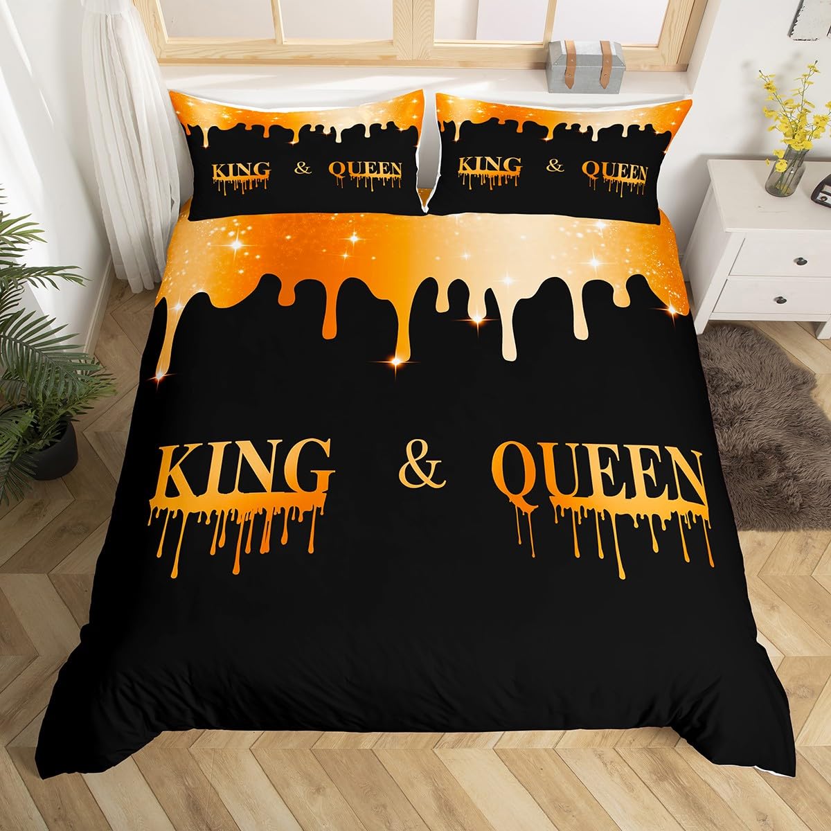 Homemissing Couple King Queen Bedding Set Single Size, Orange Mr Mrs Duvet Cover Anniversary Comforter Cover for Couple Man Woman Valentine Day Bedspread Cover Adults Room Decor 2Pcs Zipper