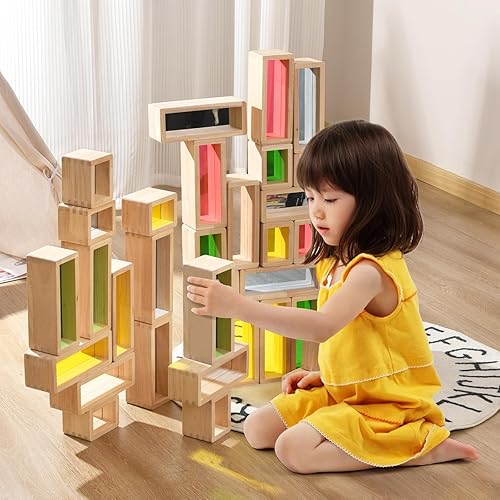 Miniatura 4 de Xylolin Juego de bloques de construcción grandes de madera para niños pequeños de 1 a 3 años, 36 piezas de bloques de ventana grandes de colores