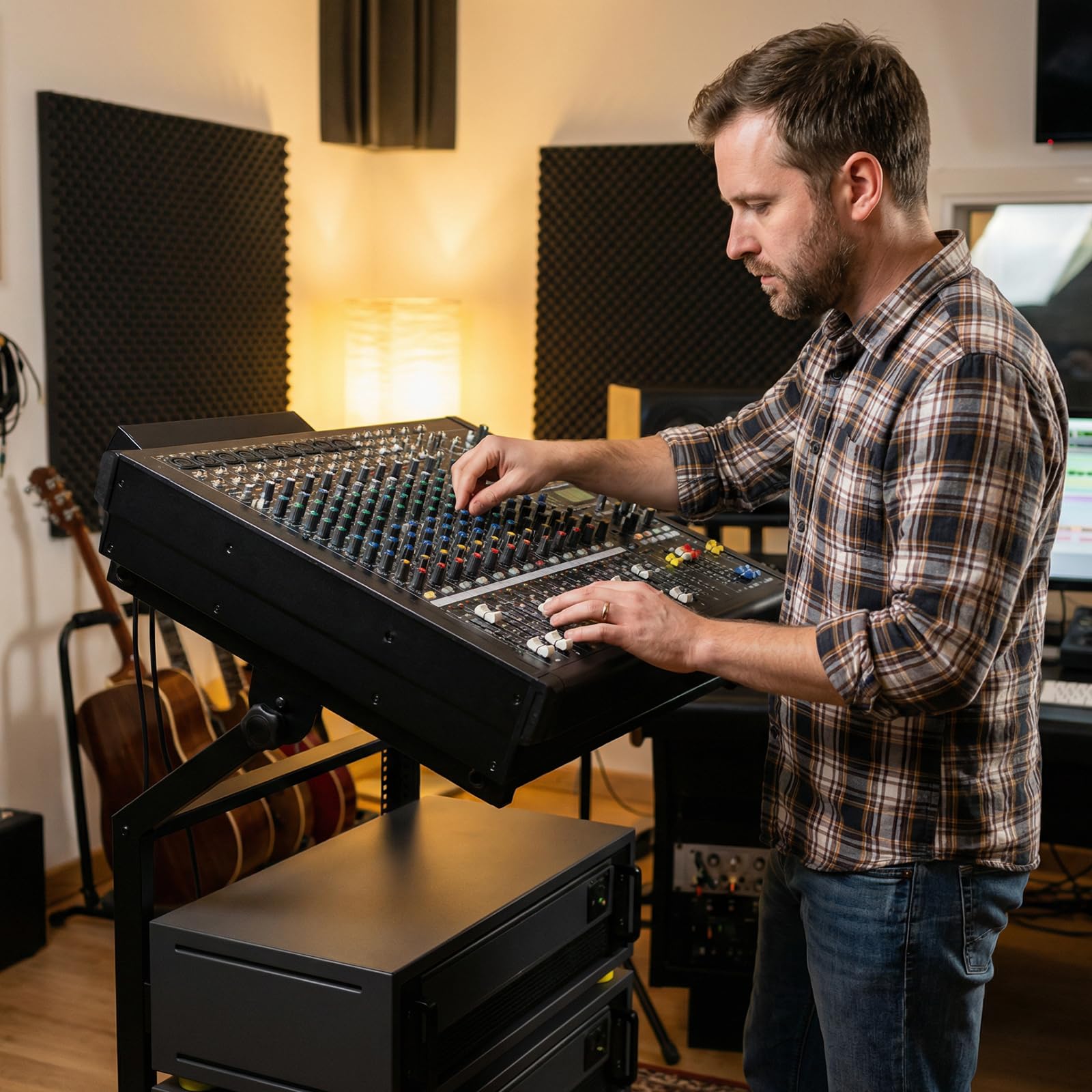 COSTWAY Rack Audio Professionnel à 2 Niveaux, Support pour Table de Mixage DJ 9U avec Barres Transversales Réglables roulettes Verrouillables, Chariot de Scène à roulettes pour Studio Bureau