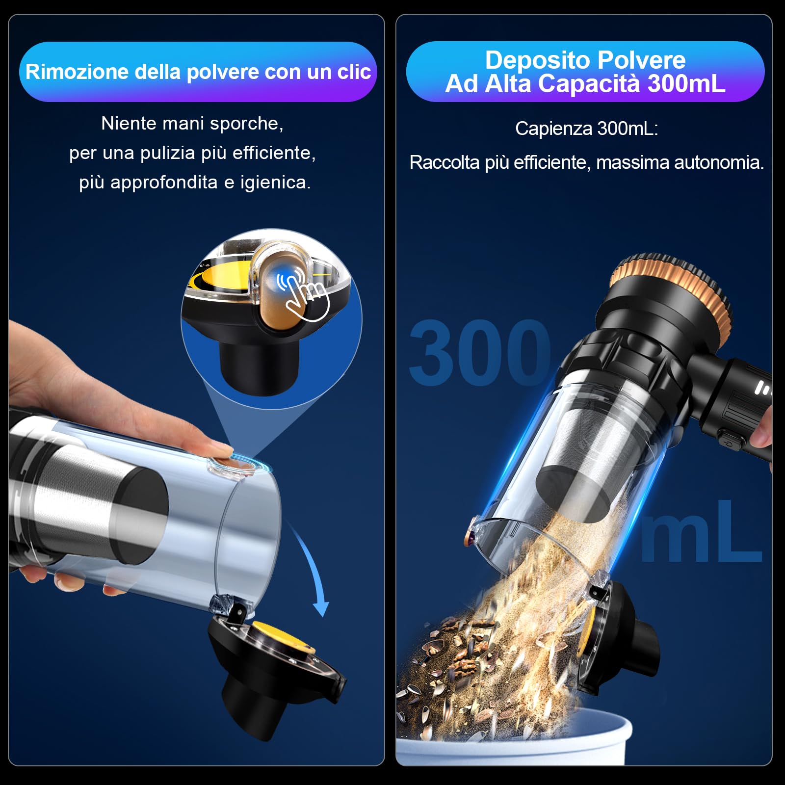 28000Pa Aspirapolvere Auto Potente, 4-in-1 Aspirabriciole Senza Fili | Portatile con Motore Senza Spazzole, Aspira Briciole con 3 Livelli di Velocità & One-Touch Dust Dump per Auto/Camper