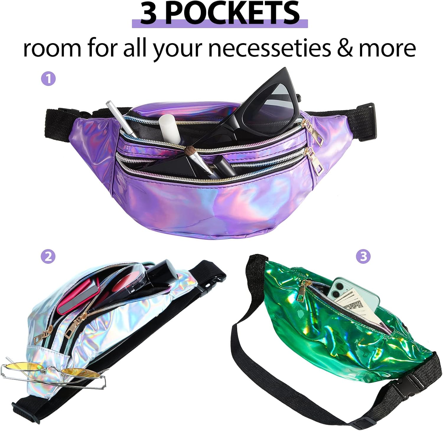 Frienda 12 Pieces Holographic Fanny Packs for Women Kids, 12 Metallic Color Sport Waistbags with 3 Pouches 80s Rave Shiny Waist Pack with Adjustable Belts for Outdoor Activities Cycling Running