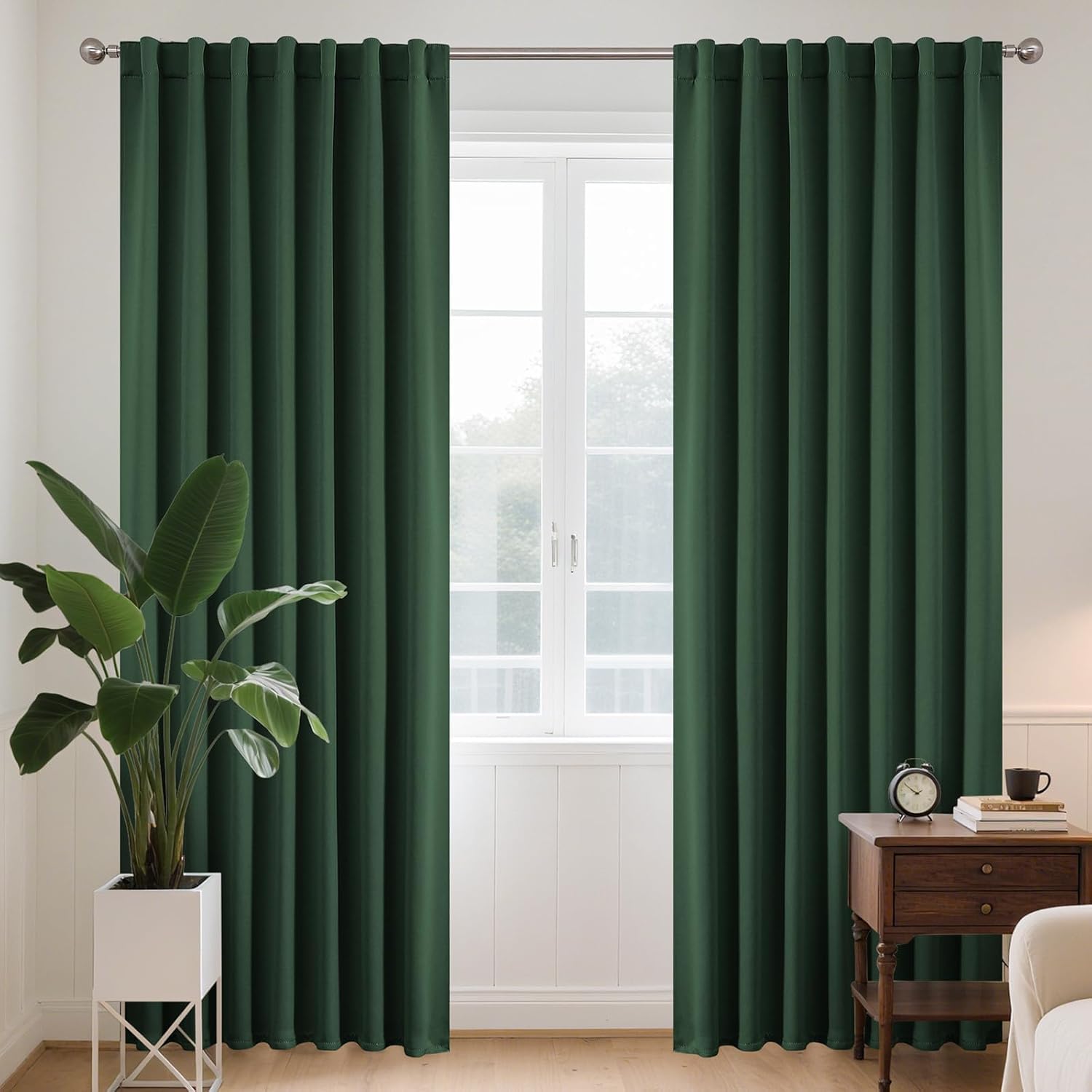 Joydeco Dark Green Blackout Curtains 55x88 Inch Drop 2 Panels, Back Tab and Rod Pocket 85% Light Blocking Thermal Insulated Curtain Panels for Room Darkening and Noise Reducing