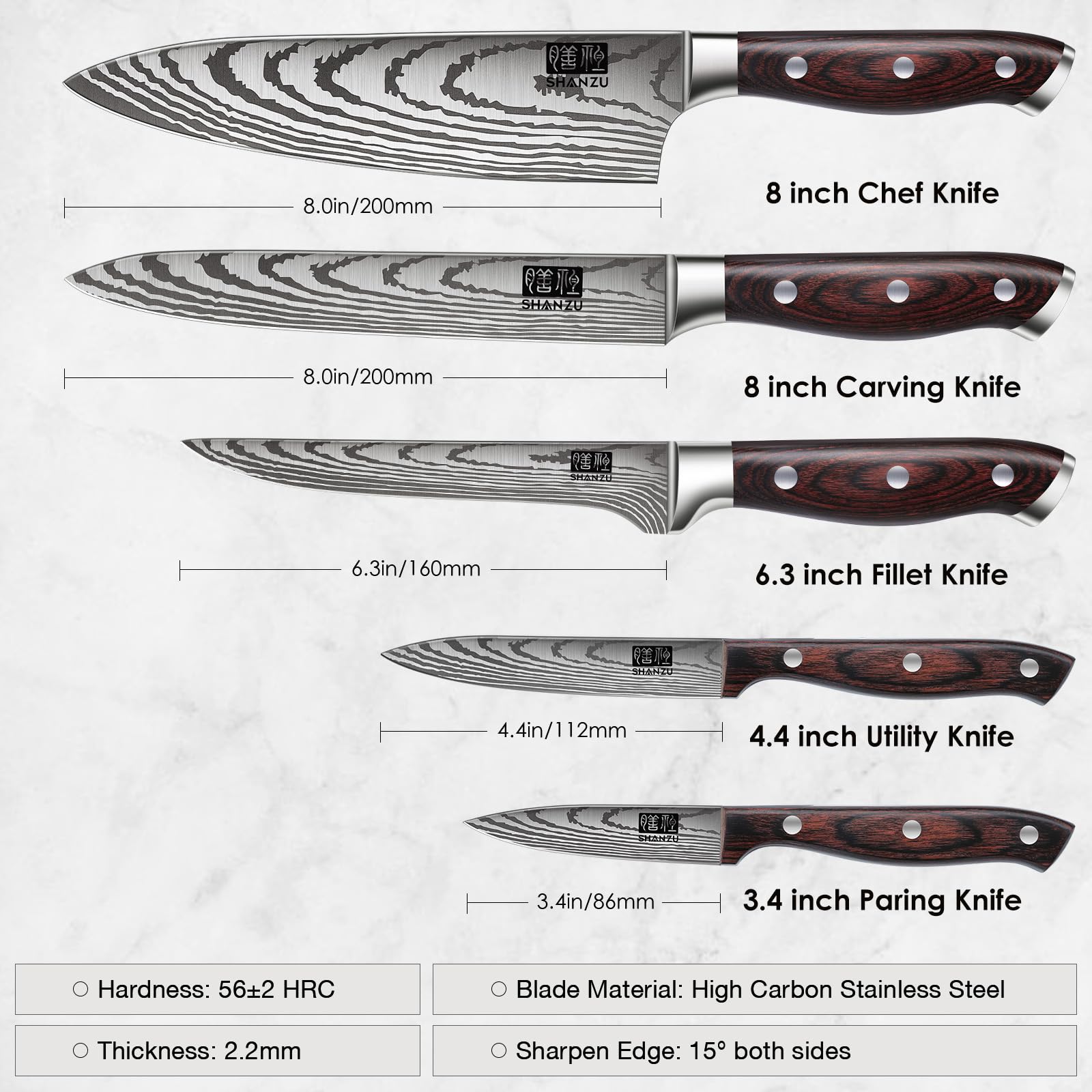 SHAN ZU Japanese Chef Knife Set 5 PCS, High Carbon Stainless Steel — Amazon image 2
