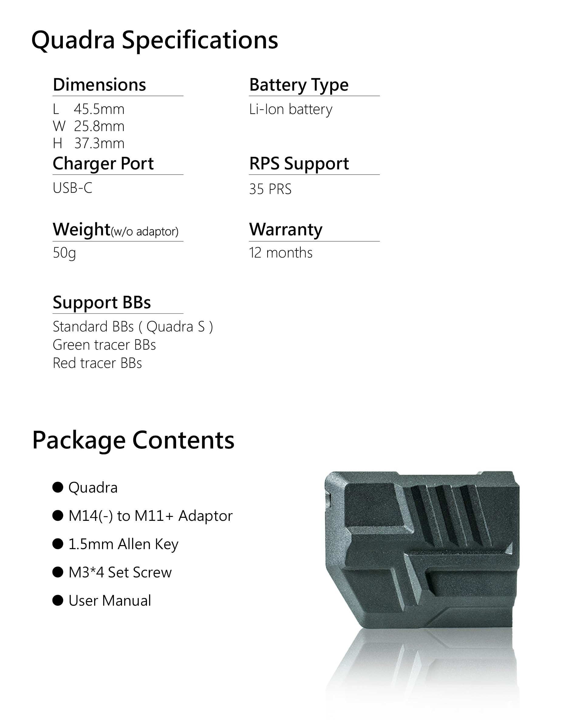 ACETECH Quadra Unité de Traceur Airsoft avec Mode Flash Design Compact carré Compatible avec Filetage 14 mm CCW Adaptateur 11 mm CW Inclus