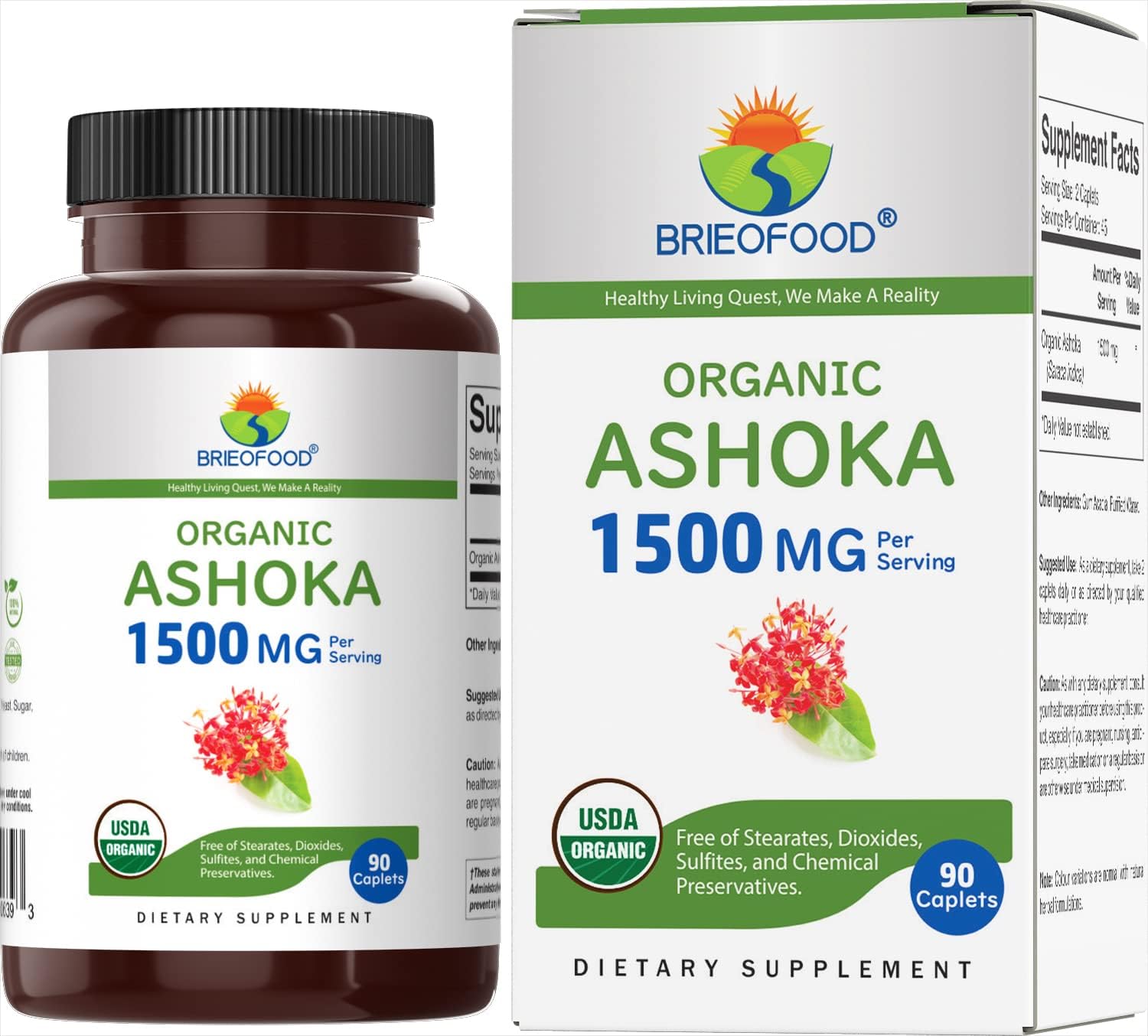 Brieofood Organic Ashoka 1500mg, 45 Servings, Vegetarian, Gluten Free, 90 Vegetarian Tablets