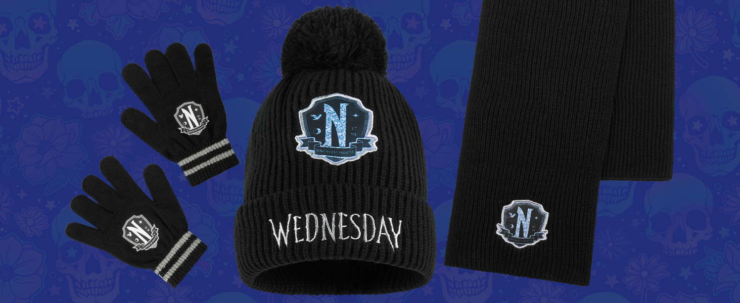 Wednesday Beanie Winter Accessoires Set voor Meisjes & Tieners 6-14 jaar, 3 stuks Warm Gebreide Hoed Sjaal Handschoenen, Gothic Geschenken voor Meisjes