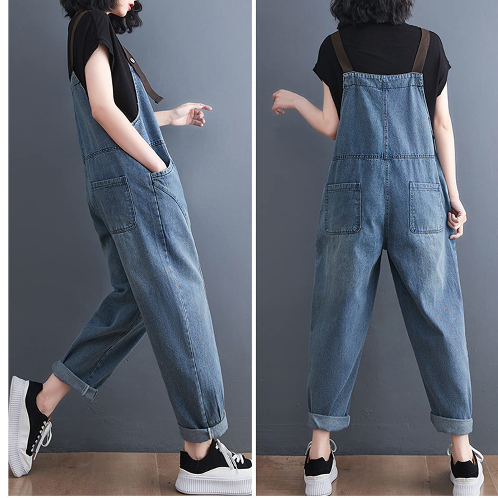 Salopette Donna Jeans retrò in Denim Lunga Regolabile Cinturino Senza Maniche Tute Baggy Casual a Gamba Larga Pantaloni Dungarees Overall Jumpsuit Blue-XXL