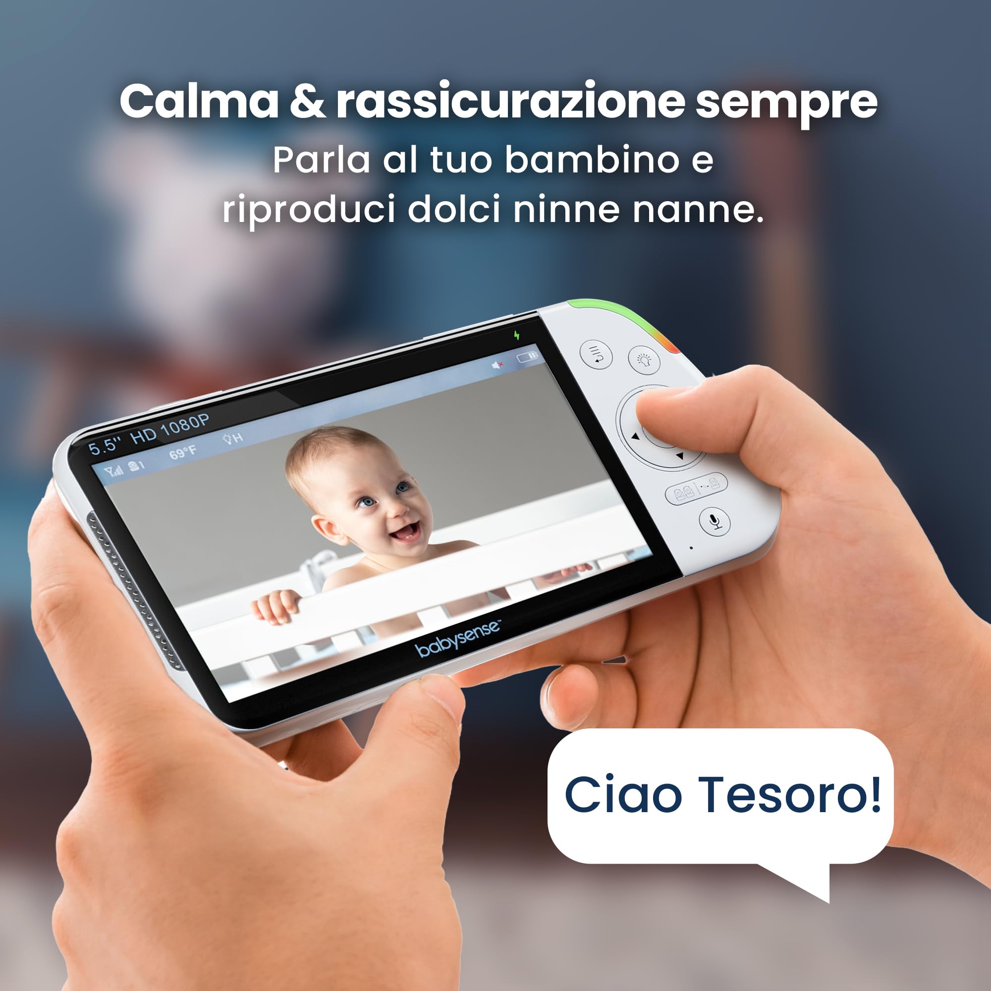 Babysense Babyphone Full HD con schermo diviso a 2 camere, luce notturna a 6 colori, rilevatore di rumori e luci, batteria da 20 ore, connessione sicura senza WLAN