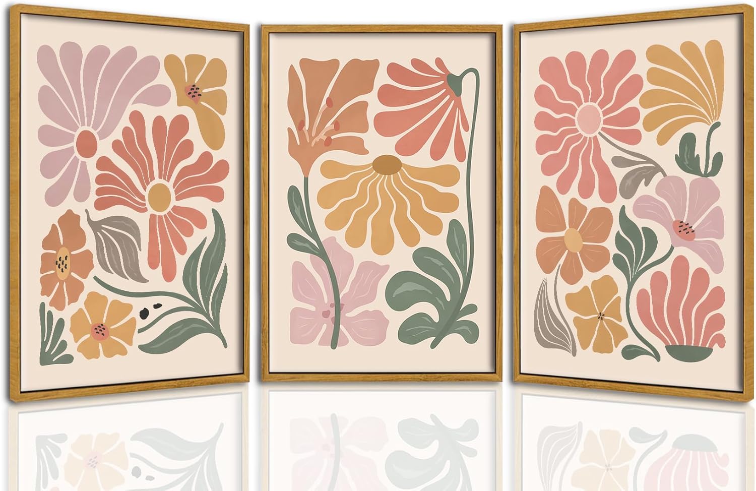 TBKHUDBI Framed Boho Flower Wall Art Abstract Floral Canvas Pictures Prints Set of 3 Minimalist Botanical Painting Poster Flower Market Aesthetic Wall Decor for Living room Bedroom 16"x24"