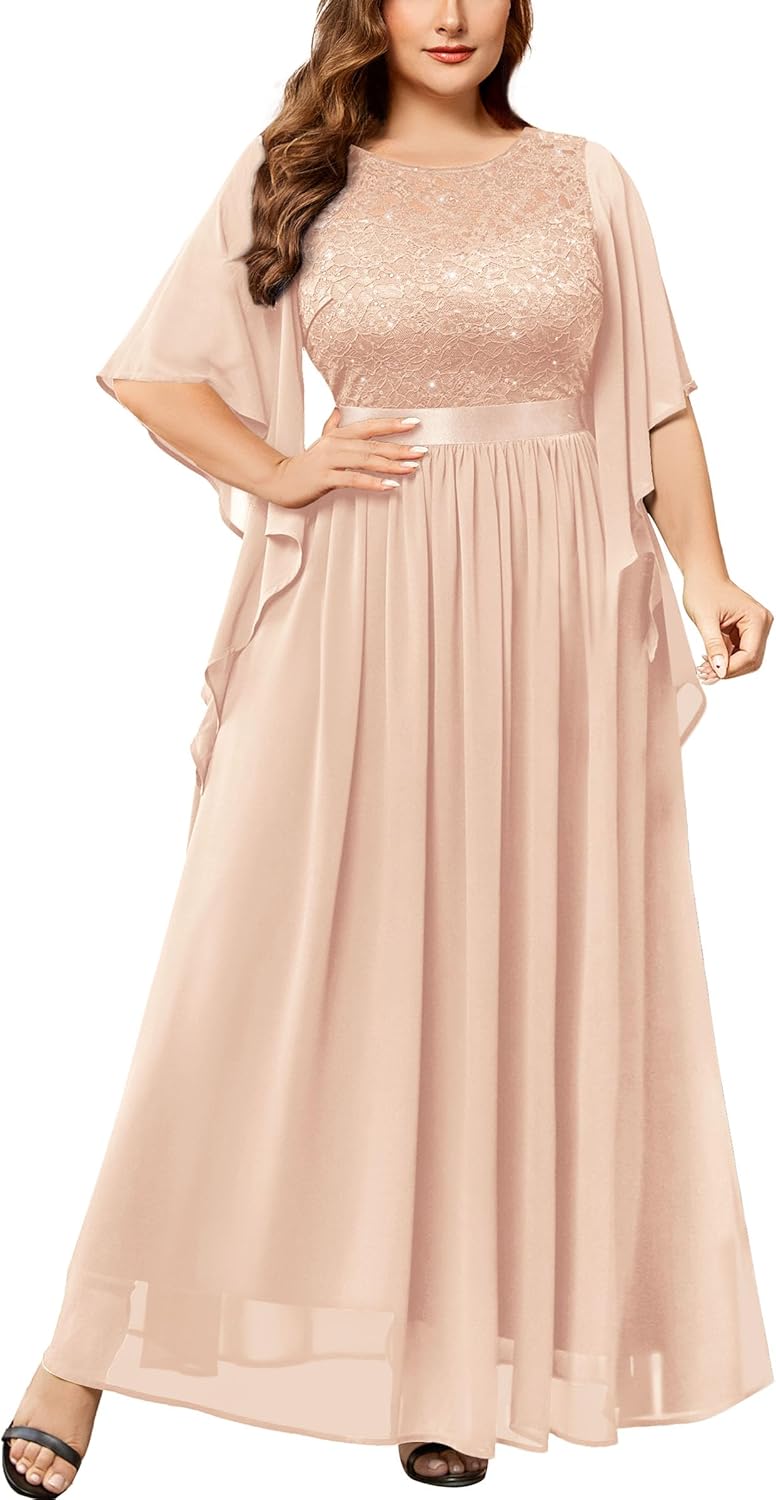 Miusol Women's Plus Size Sequin Lace with Ruffle Cape Cloak Sleeves Elegant Evening Gown Wedding Guest Maxi Dress