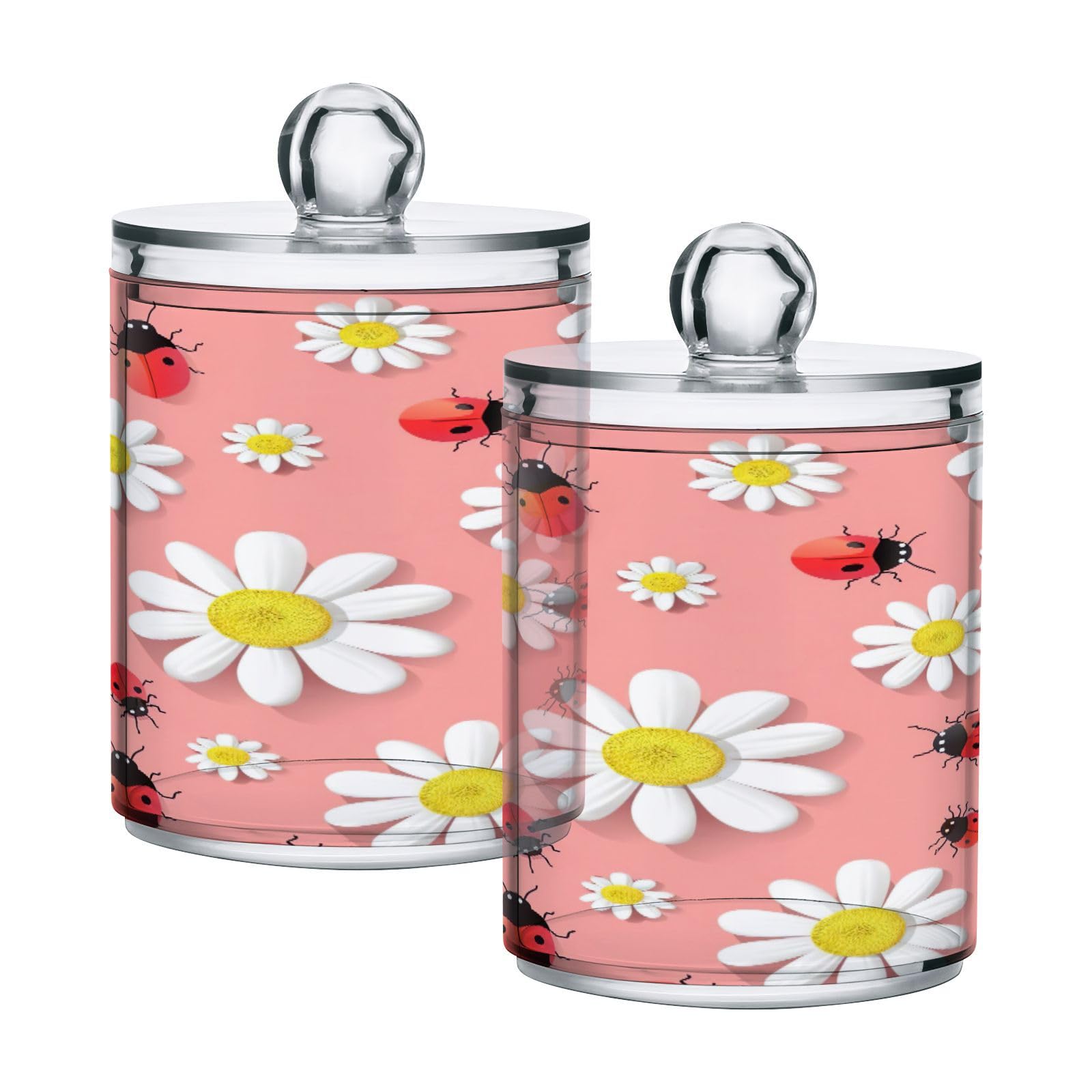 Wassud Ladybugs and Daisies Qtip Holder Dispenser Clear Apothecary Jars with Lids Bathroom Organizers and Storage Canister for Cotton Swabs Balls Bathroom Accessories 2 Pack