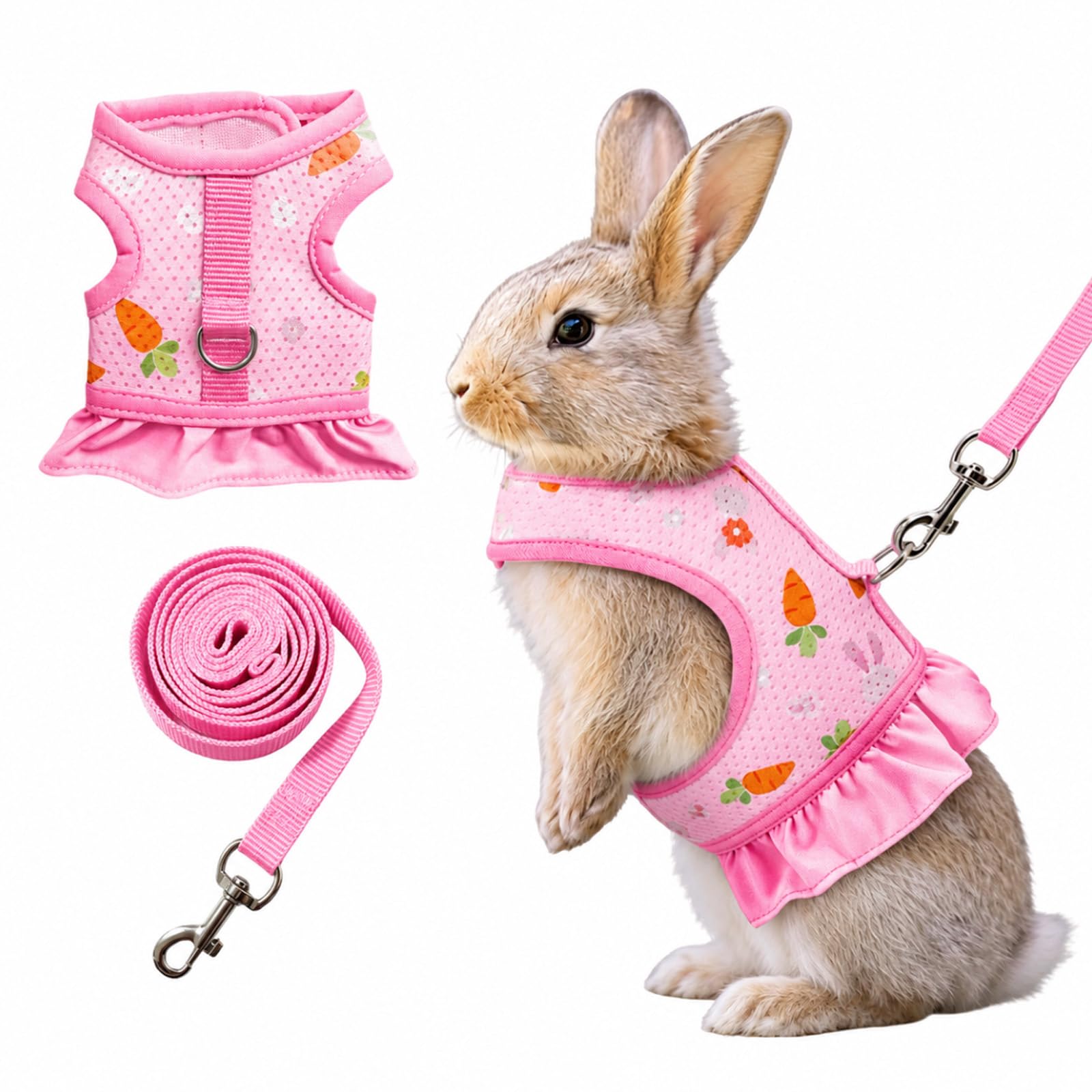 Beyinkoy Rabbit Harness and Leash Set, Breathable Mesh Bunny Vest Harness with Skirt, Adjustable Bunny Escape Proof Vest with Magic Tape Design for Outdoor Walking (Pink, S)