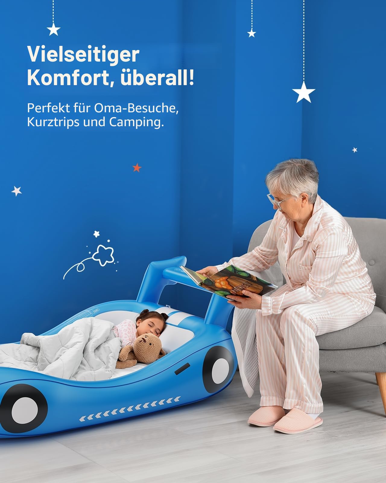 QPAU Aufblasbares Kinderreisebett mit Rausfallschutz 202x115cm – Inkl. Handpumpe+Tragetasche – Luftmatratze für Kleinkinder Schlafen – Campingbett & Hotelbett Reisen/Zuhause – Blau