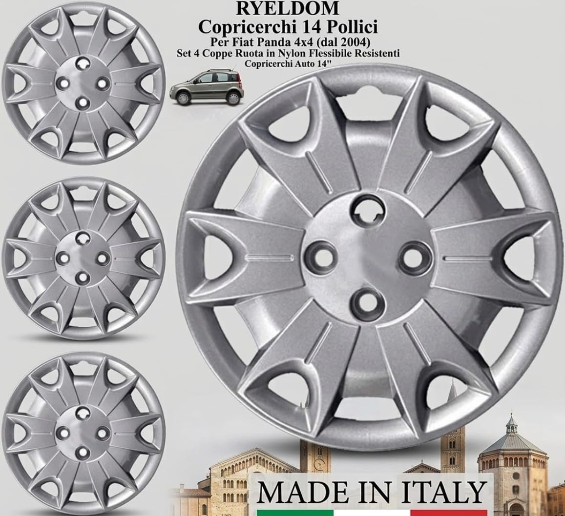 RYELDOM Copricerchi 14 Pollici per Fiat Panda 4x4 dal 2004, Set 4 Coppe Ruota in Nylon Flessibile Resistenti, Copricerchi Auto 14", Made in Italy