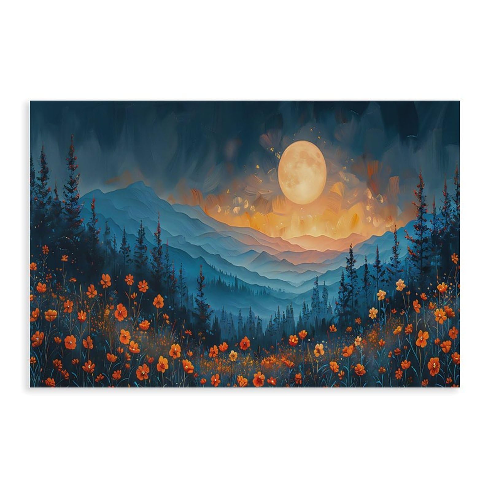 Bareronor Moonlit Wildflower Mountain Canvas Poster Bedroom Decor Landscape Office Room Decor Gift 20" L X 30" W