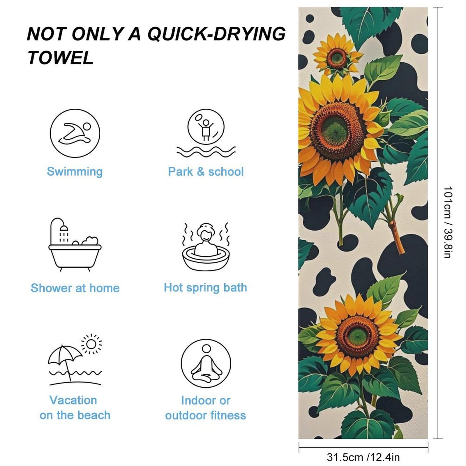 FHESDCW Cow Patterned Sunflower Towel Quick Dry Ice Towels for Hot Weather Breathable Camping Towels Sweat Super Absorbent Bathroom Towel for Gym Yoga Pilates Exercise