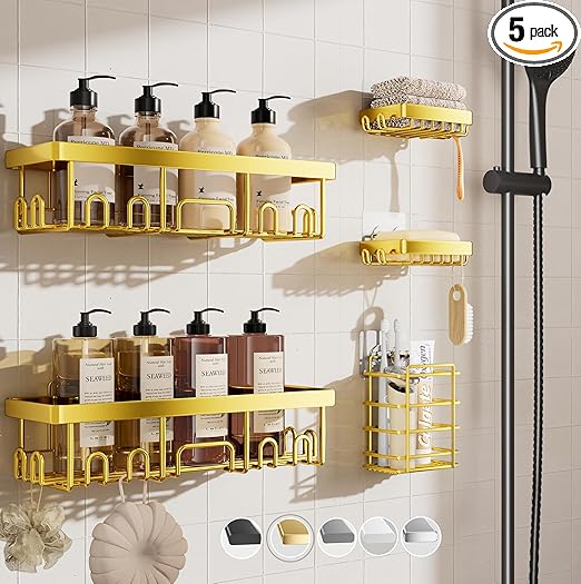 Veken Adhesive Shower Caddy 5-Pack,Heavy Weight Bearing,Large Wall Mounted Shower Shelves Rack,Organizer Storage Accessories with Soap Dish&Toothbrush Holder,Ideal for Bathroom,Home&Kitchen,Gold