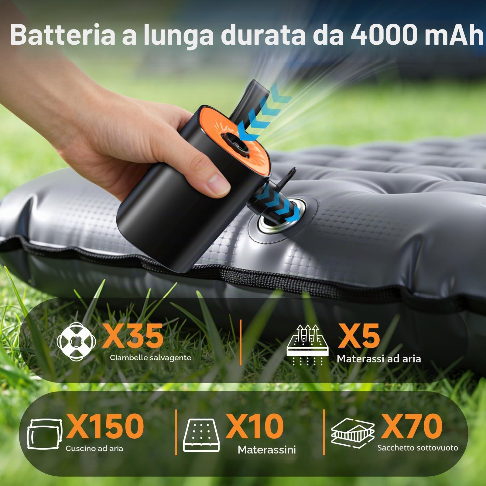 Gonfiatore Elettrico Portatile, 4000mAh Pompa Elettrica con 4 Ugelli/Luce Campeggio/Gancio Adatto per Materasso Gonfiabile,Divano Gonfiabile,Materassino Campeggio,Piscina