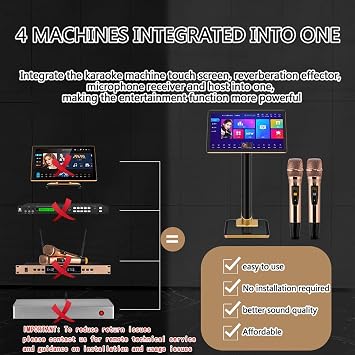 Professional Karaoke Machine, 8T Karaoke System Audio Set with Wireless Microphone and Speaker, 21.5 Inch Touch Screen, Smartphone App Operation, Power Amplifier Function, Home and Commercial Use 8T