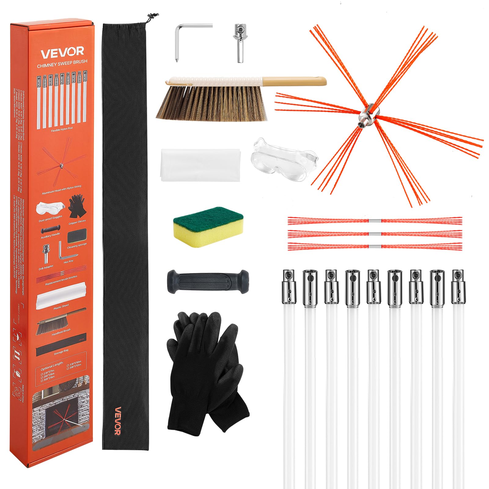 VEVOR Kit de Ramonage 9m Brosse Cheminée Extensible Poils Rechange Tiges Nylon
