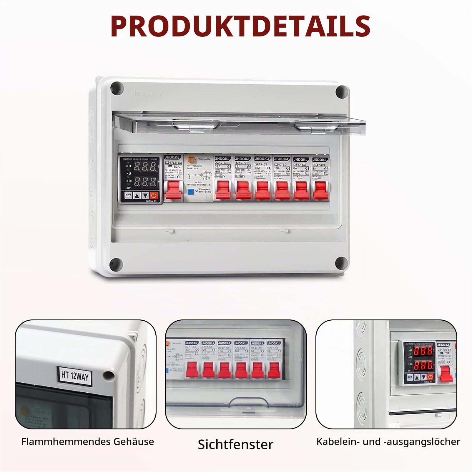 Sicherungskasten Aufputz IP65 mit FI-Schutzschalter, 6-fach Verteiler | Mit Überspannungsschutz, 2×32A, 2×16A, 2×6A AC-Trennschalter, ideal für Werkstatt, Garage und Wohnmobile