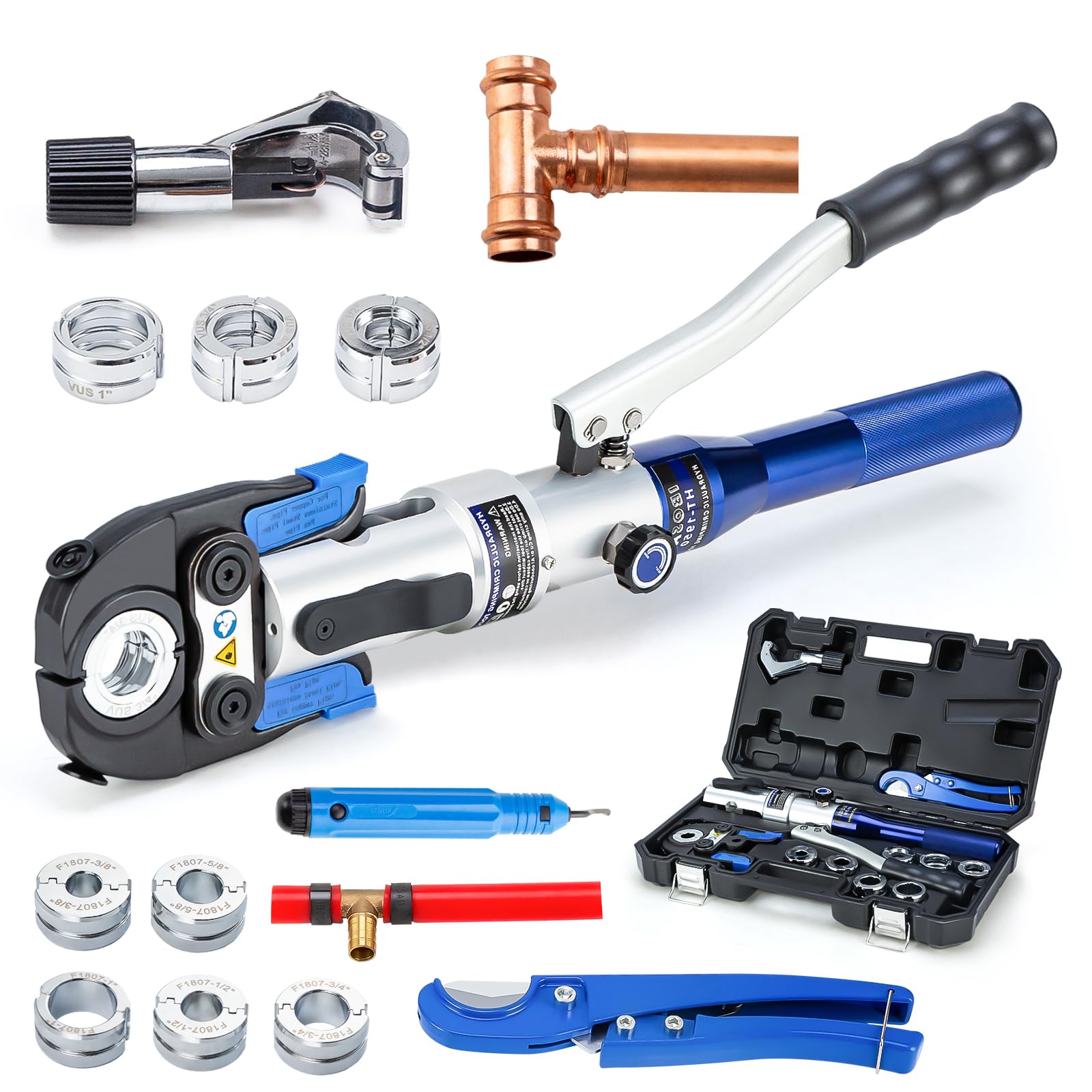 Hydraulic Copper Pipe Tube Fittings Crimping Tools with 1/2",3/4" and 1" Dies for ProPress Copper Pipe Fitting and 3/8",1/2",5/8",3/4",1" Dies for ASTM F1807 Pex Pipe Copper Ring