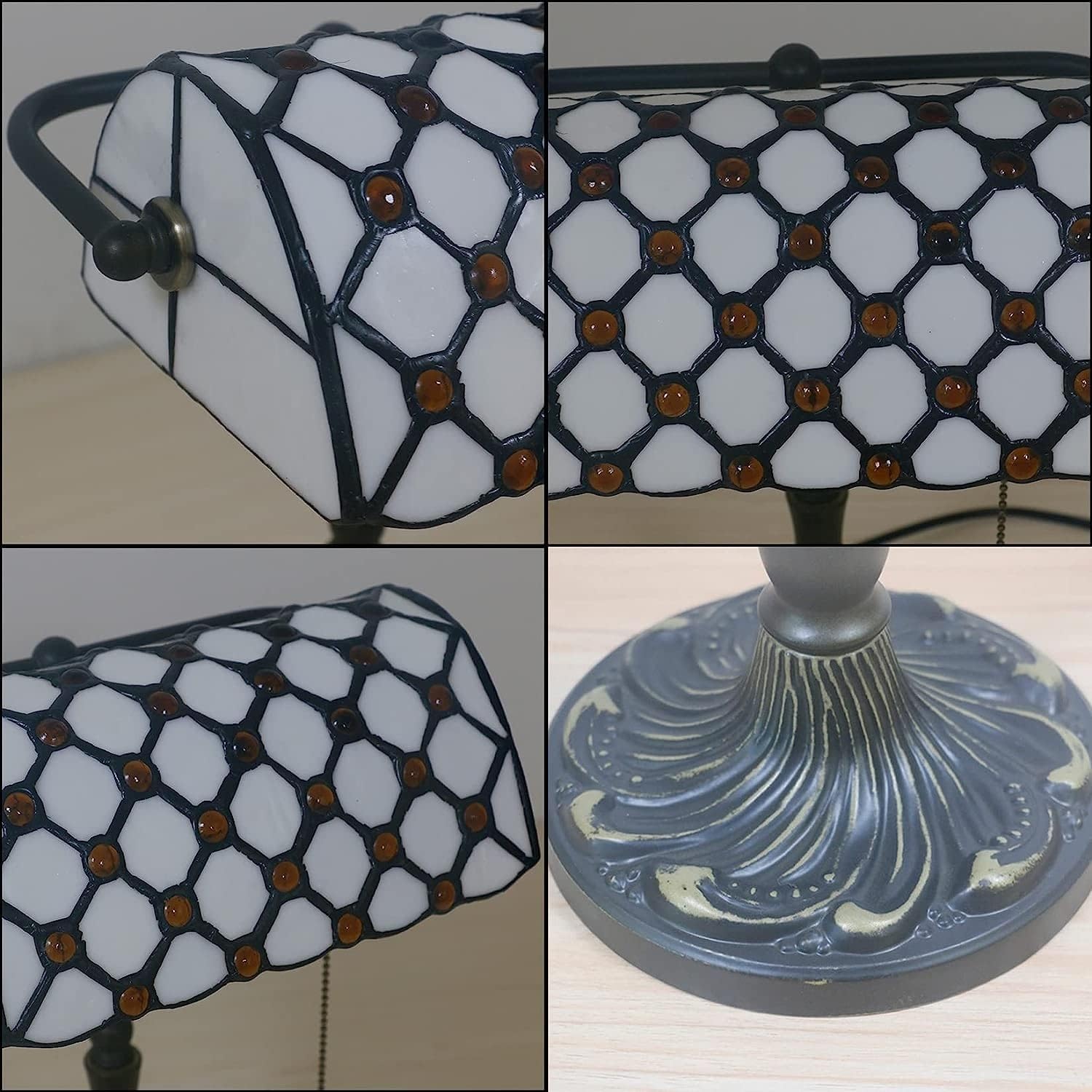 Bankiers Tischlampe, farbige Glaslampe, Kristallperlenschreibtischlampe, Schlafzimmer in der Nacht Leselampe (weißer brauner Glasperlenschatten) Innovate