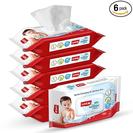 LuvLap Paraben Free 99% Pure Water Nourishing Baby Wipes, with Fliptop Lid (72 Wipes/Pack, Pack of 6)