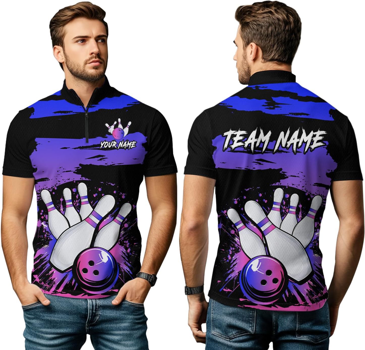 Purple Bowling Shirts Custom for Women Men Personalized Team Bowling Jerseys Bowling Polo and Quarter Zip Shirts