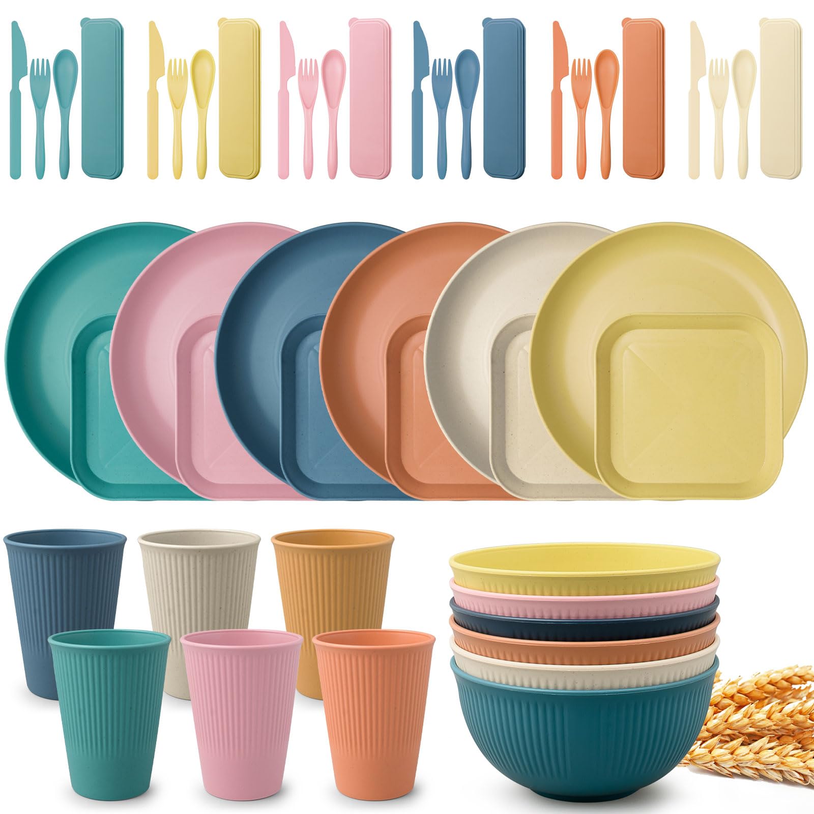 Straw Tableware Wheat Straw Dinnerware Sets for 6(48pcs), Unbreakable Microwave Safe ...