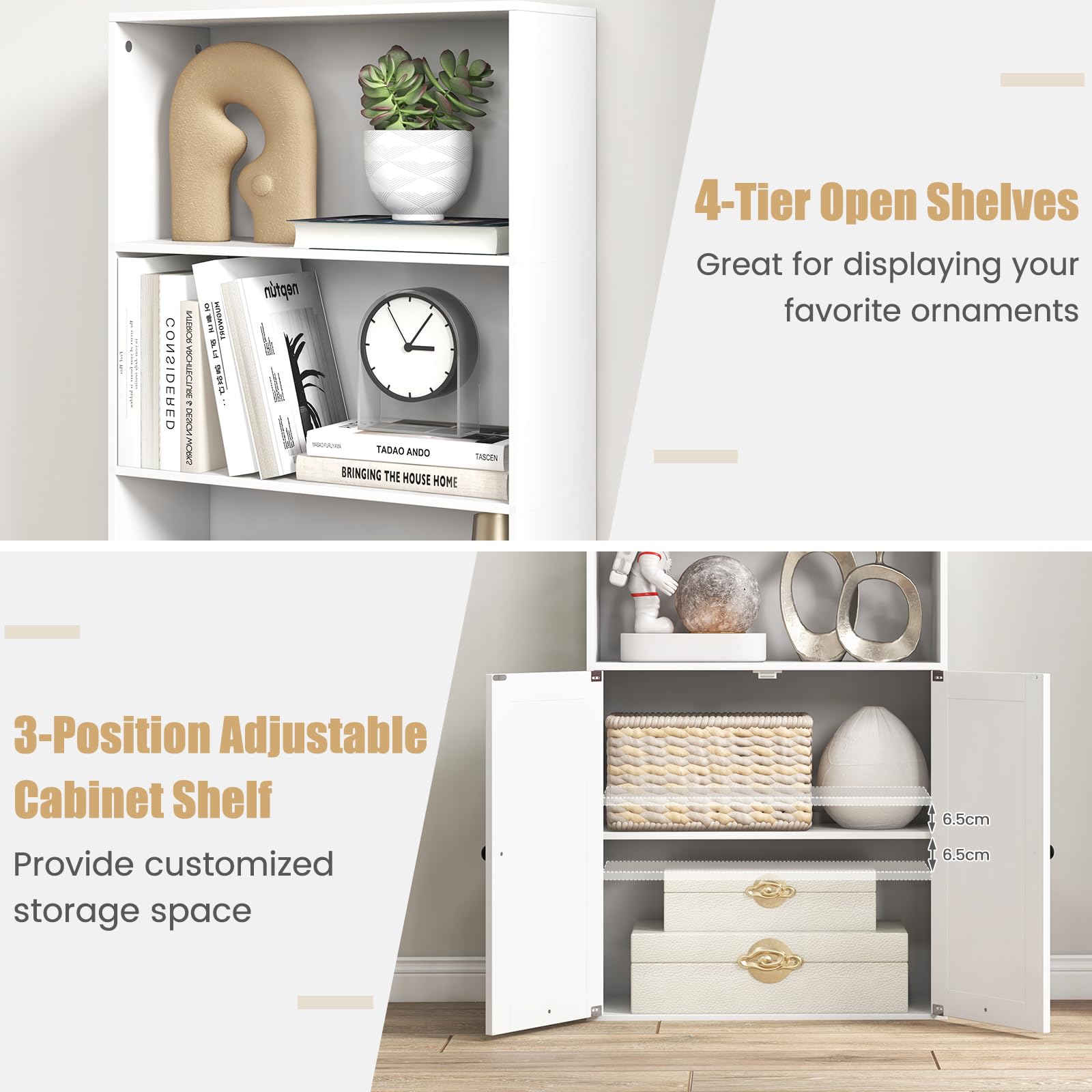 GOPLUS Librería de 6 Estantes, Puertas de Estilo Firme, Versátil Estantería de Almacenamiento con Estantes Ajustables para Oficina, Sala de Estar, Estudio, Blanco