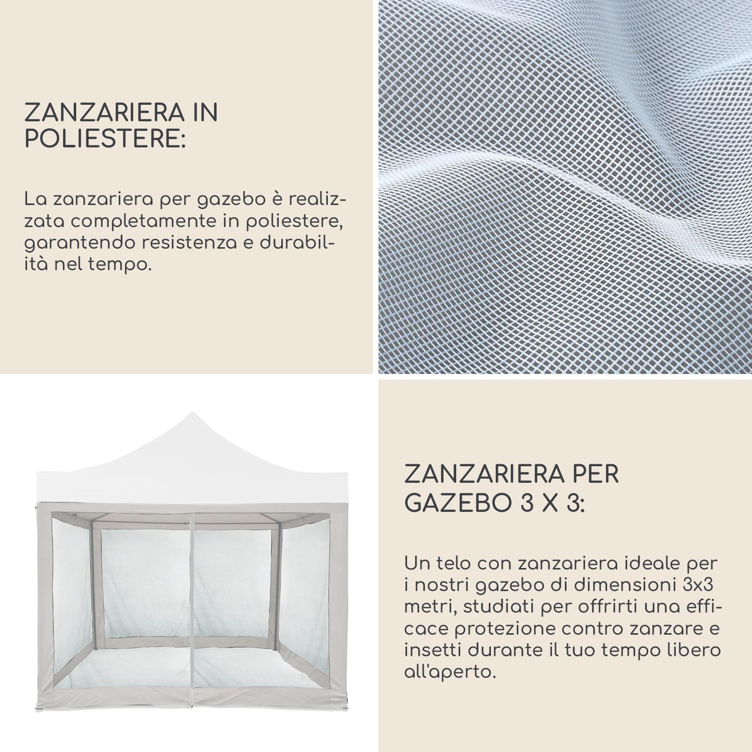 Rebecca Mobili Telo Zanzariera per Gazebo 3x3, Rete Anti Insetti, Poliestere, Bianco, con Lacci, Smontabile, Lavabile - Misure HxL: 240 x 1200 cm - Art. RE7013
