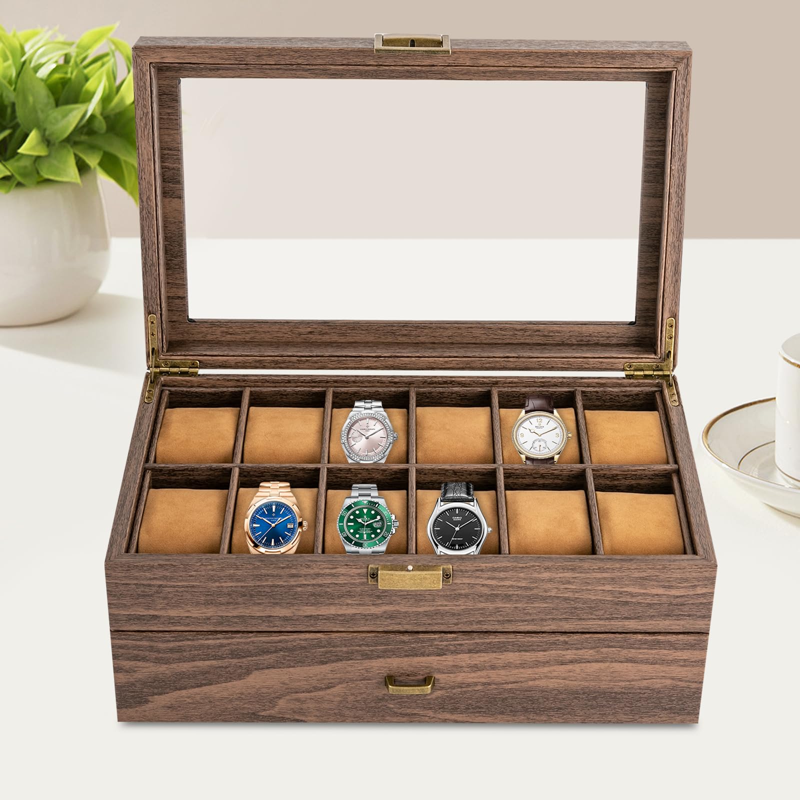 Caja para relojes con 24 compartimentos de madera, organizador para hombres y mujeres, hoja de cristal para guardar relojes, caja de almacenamiento para relojes y joyas, caja de regalo, 34 x 21 x 15