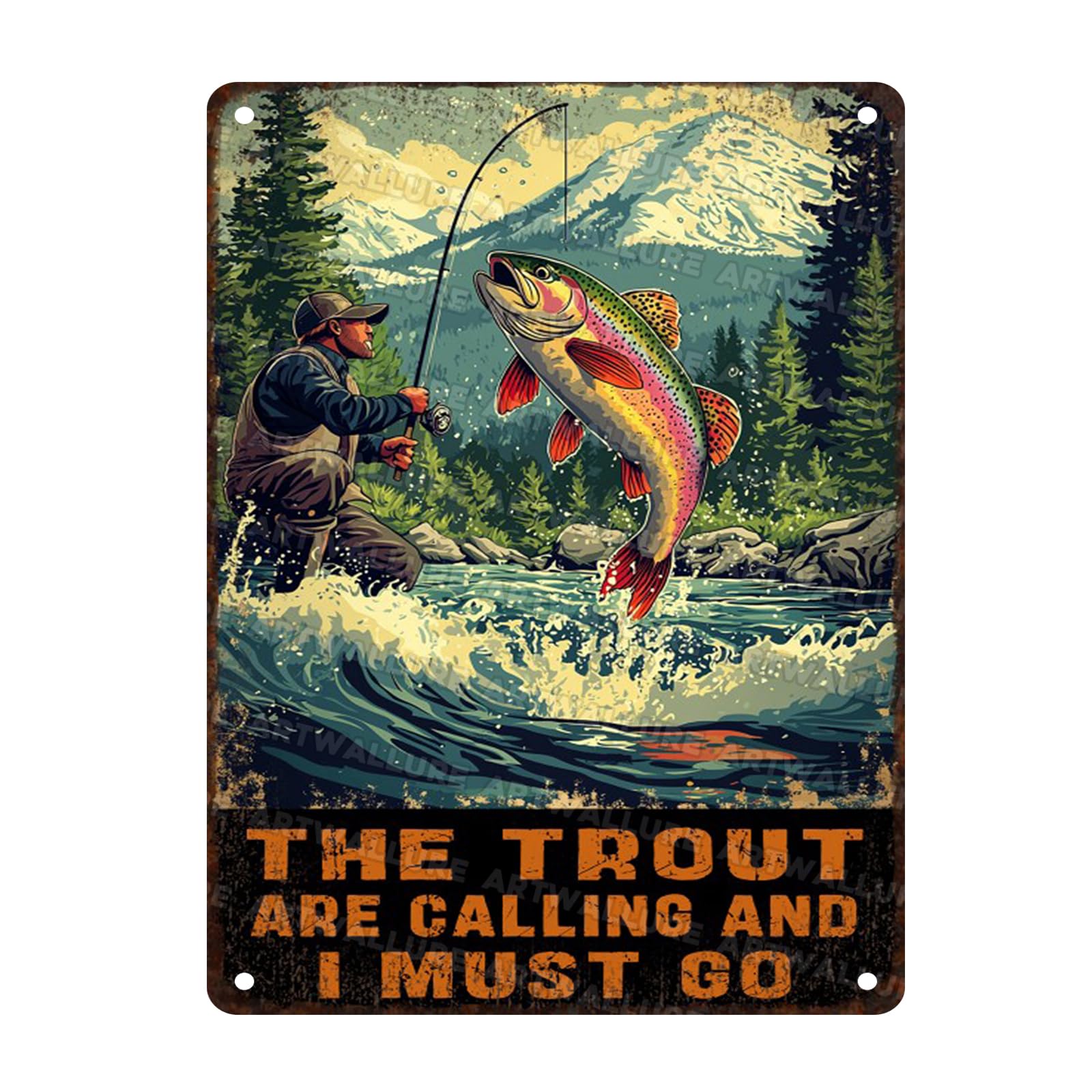 Rustic Metal Poster Tin Sign The Trout Are Calling And I Must Go Wall Art for Home Garage Cabin Fishing Camp Humorous Angler Gift Decor 12x16inch