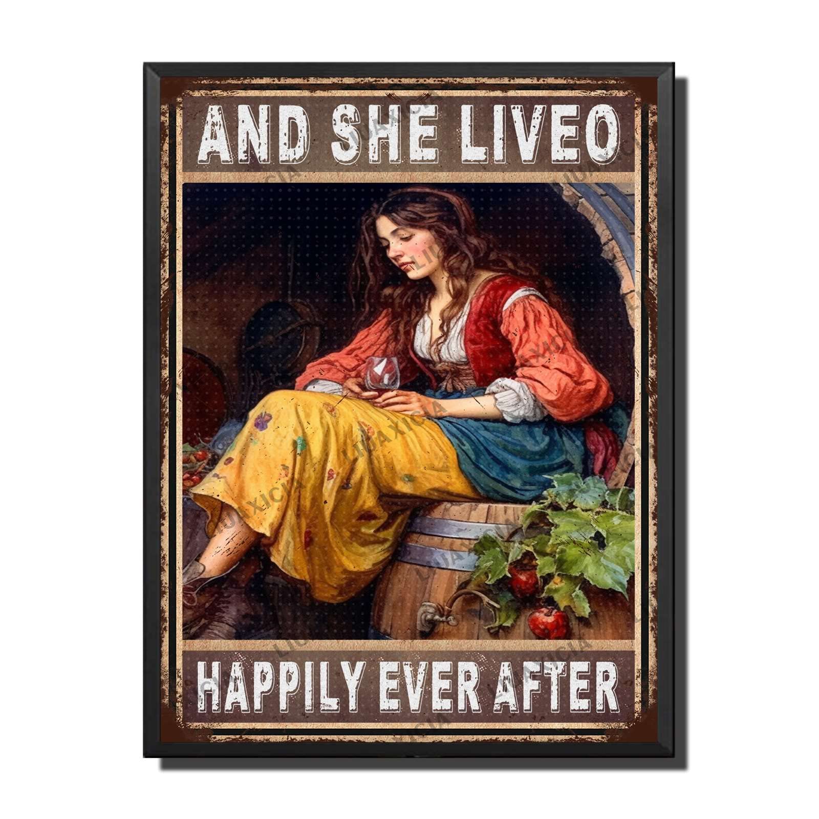 peiyeety Metal Tin Sign And She Lived Happily Ever After Woman Vintage Decorative Wall Art,Retro Whimsical Rustic Plaque for Home Living Room Bedroom Garden Patio,8x12 Inch