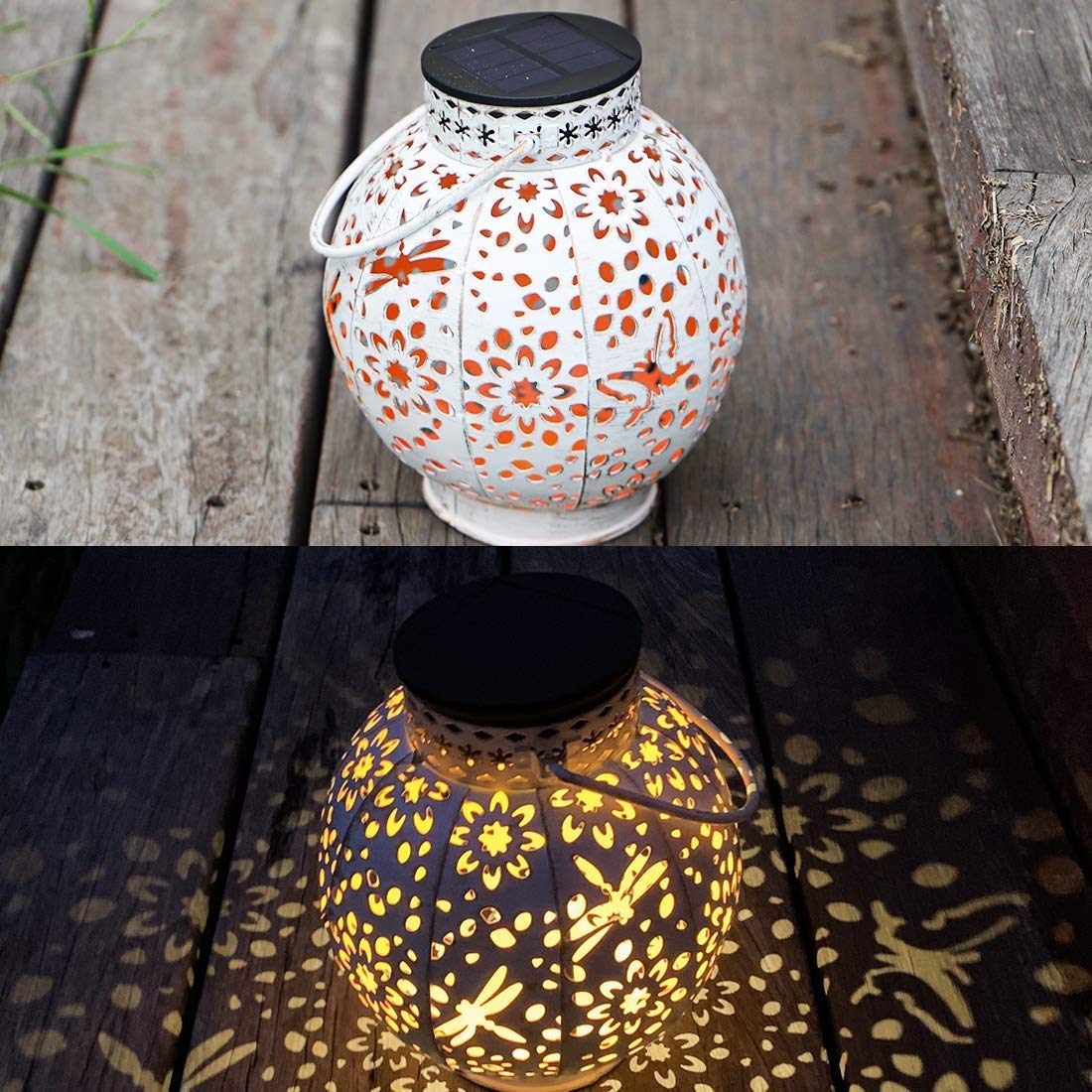 Lot de 2 lanternes solaires d'extérieur à suspendre – Lumières décoratives LED en métal étanche avec ombre coulée (blanc)