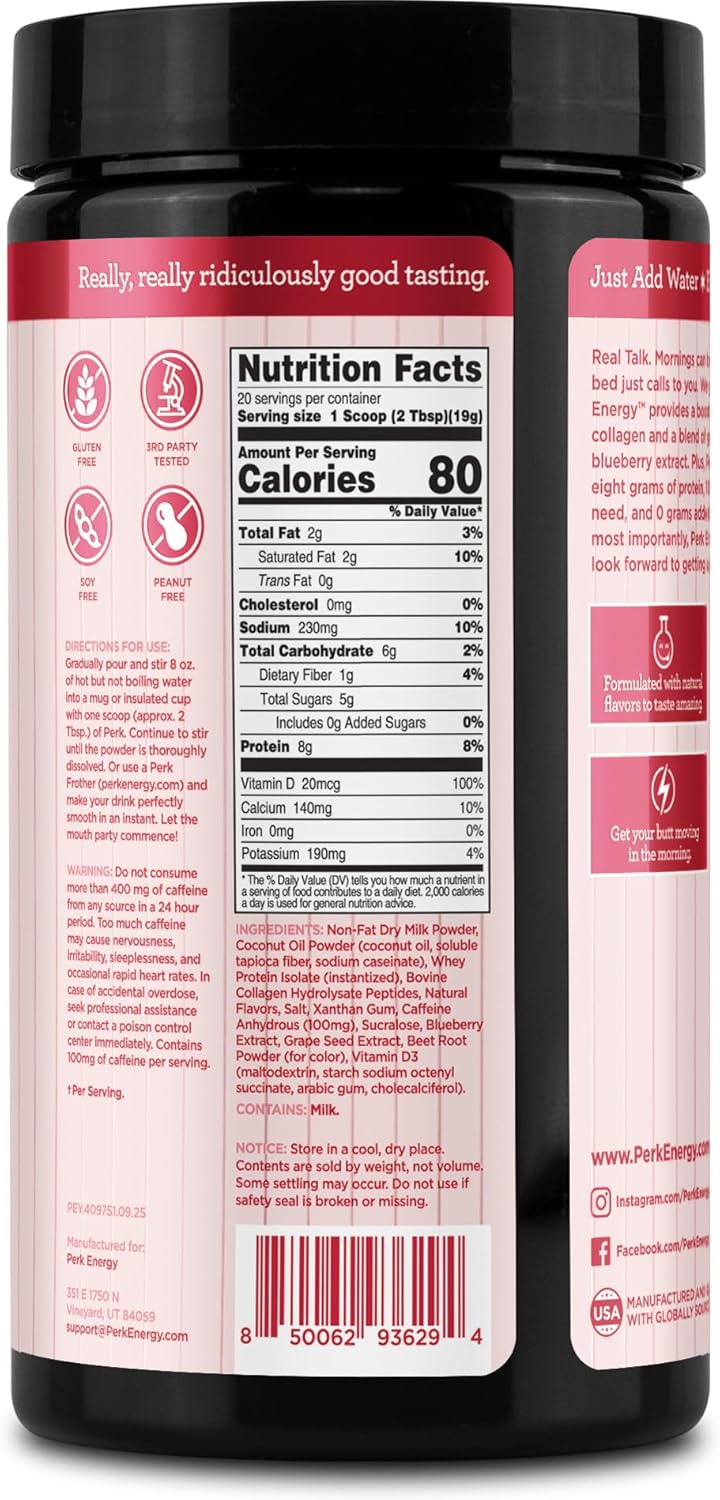 Perk Energy Drink Mix (White Chocolate Peppermint Pretzel) 20 Servings - Caffeinated Healthy Coffee Alternative with Protein, 100mg of Caffeine, Gluten-Free, Soy-Free, Peanut-Free