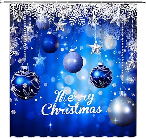 FILMILIL Cortina de ducha de bolas de Navidad, estrella azul y plateada, bola de Navidad, copo de nieve, brillante, romántica, feliz Navidad,