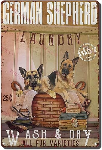 Cartel de metal retro para decoración de pared, diseño de pastor alemán, lavandería lavar y secar todas las variedades de piel, restaurando el