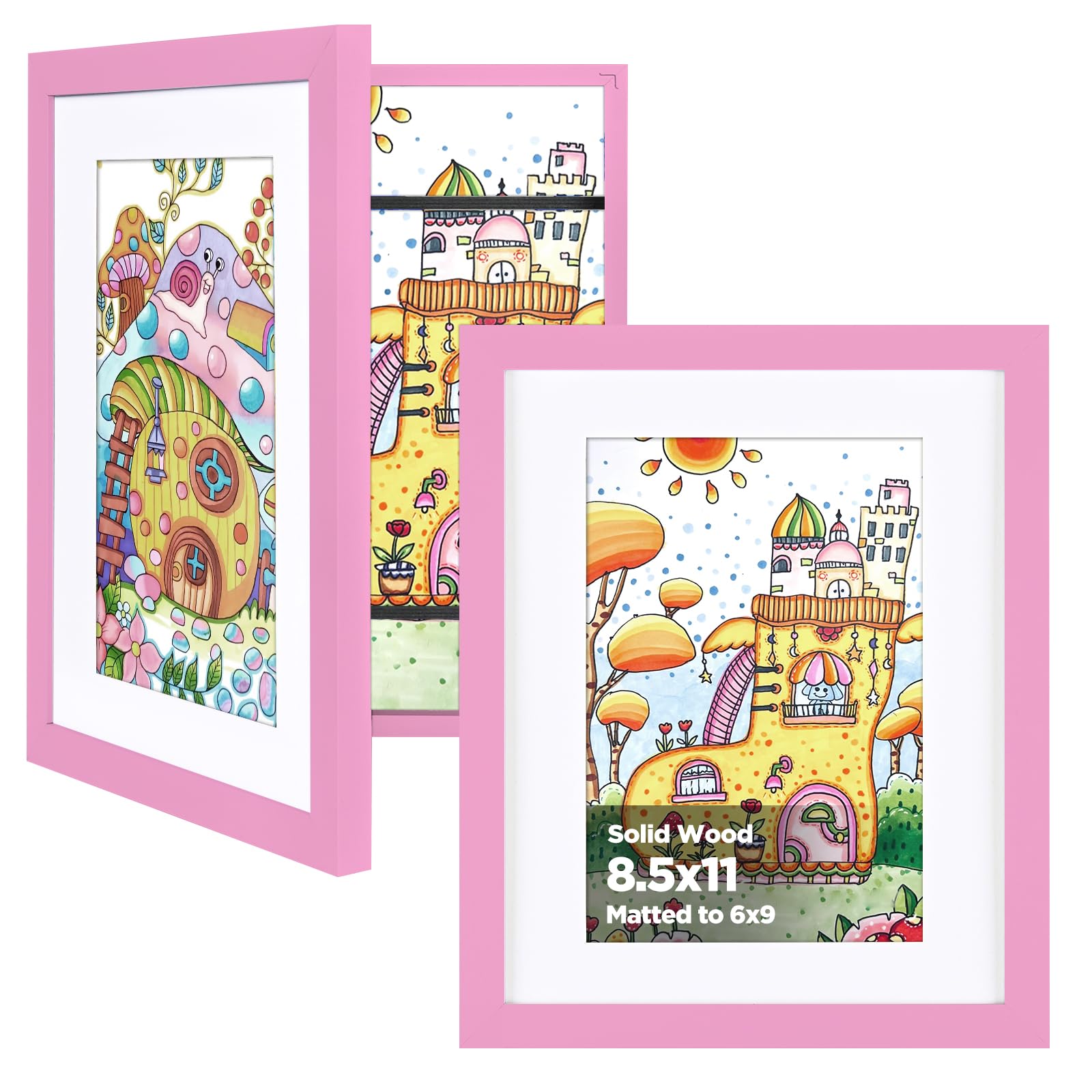 KINLINK 8.5x11 Kids Art Frame 2 Pack, Solid Wood Artwork Frames Changeable, Front Opening Hold 150 Pictures, Art Frames for Kids Artwork, 6x9 with Mat 8.5x11 without Mat, Picture Frames Light Pink