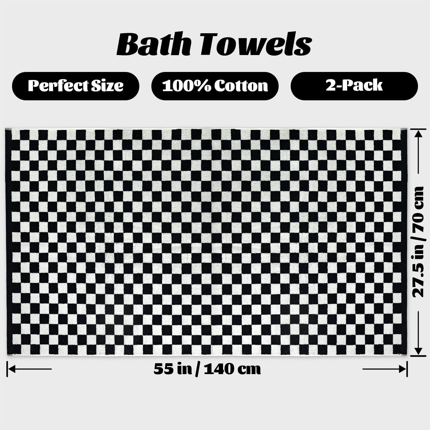 Jacquotha  and White Checkered Cotton Bath Towels Set of 2 - Cute Aesthetic Towels for Bathroom Decor, Pool, Beach, Spa, 27.5" x 55": Black