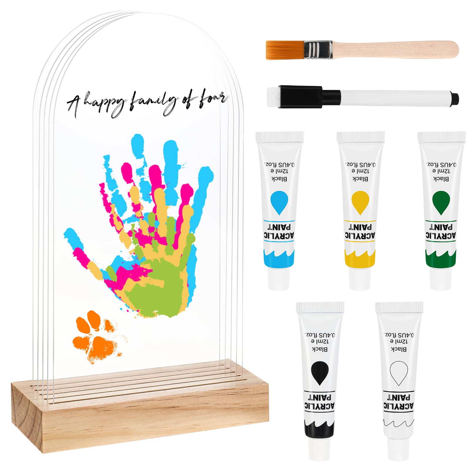 Staranry Handabdruck Set Familie mit Platz für 5, DIY Fußabdruck und Handabdruck Baby Set, Fingerfarben Kinder Ungiftig, Massivholzsockel und Acrylplatten, Dekoration für Baby & Kleinkinderzimmer